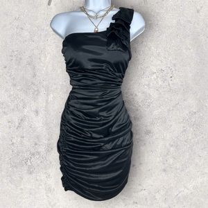 Black Satin Ruched One Shoulder Bodycon Dress. Holiday dress